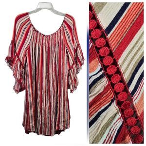 Women's Bell Sleeve Dress Red Stripe Crinkle Crepe Plus Size Shift Off-Shoulder